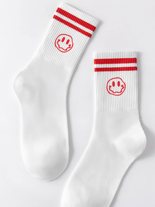 1 Pair Men's Mid-calf Socks With Face Pattern, Red & Double Striped, Antimicrobial, Sweat-absorbent, Casual & Versatile Style, Suitable For Daily Life