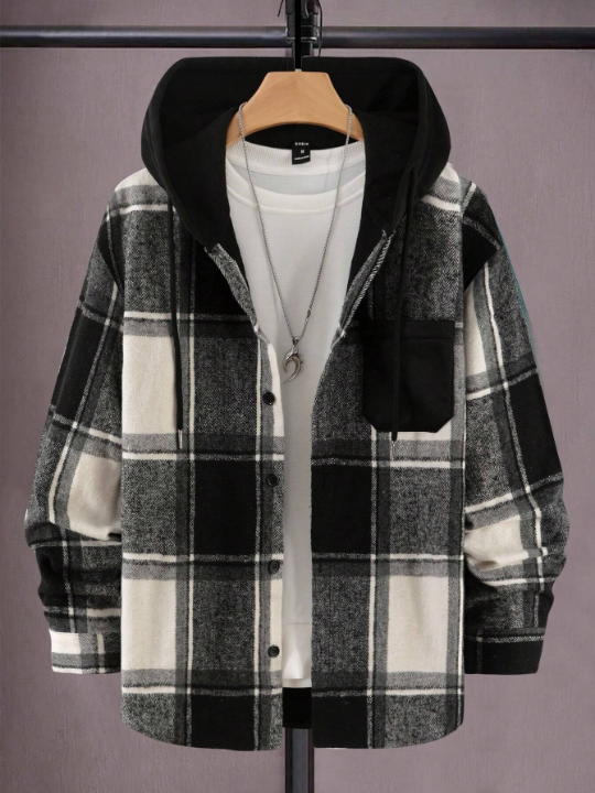 Manfinity Hypemode Men Plaid Print Drawstring Hooded Overcoat Without Tee