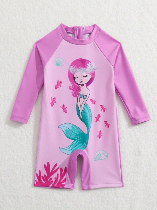 Baby Girl Mermaid Print Zipper Back One Piece Swimsuit