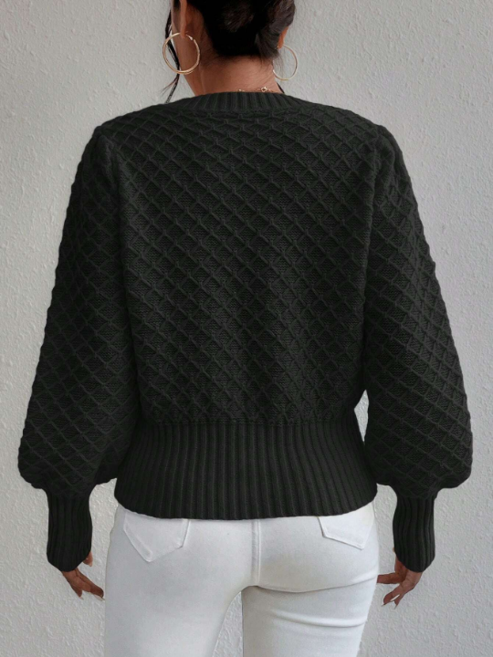 Frenchy Argyle Knit Lantern Sleeve Sweater