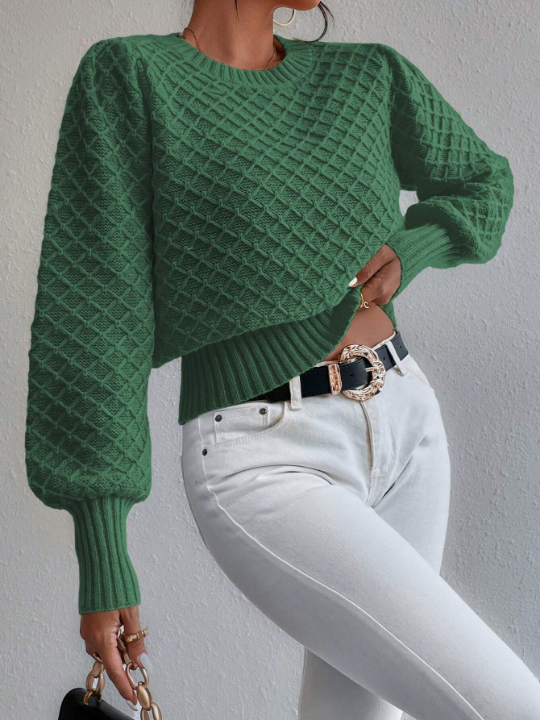 Frenchy Argyle Knit Lantern Sleeve Sweater