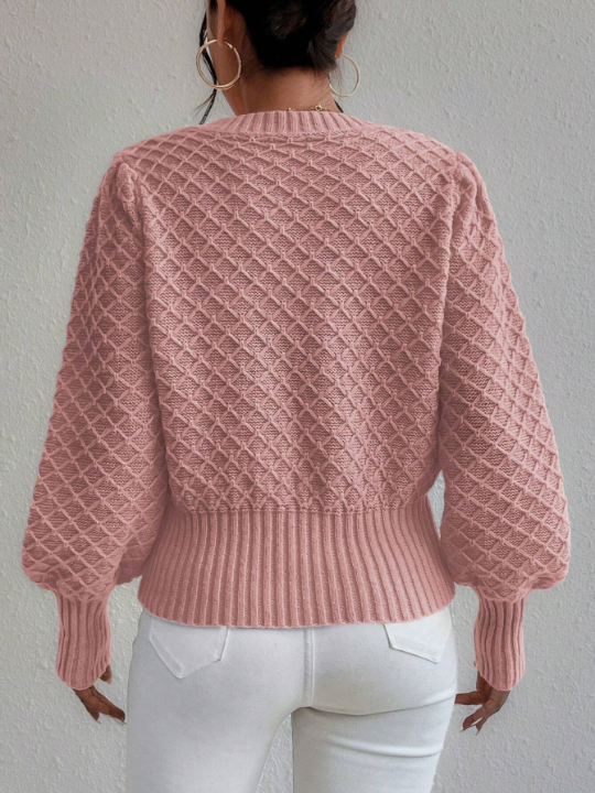 Frenchy Argyle Knit Lantern Sleeve Sweater