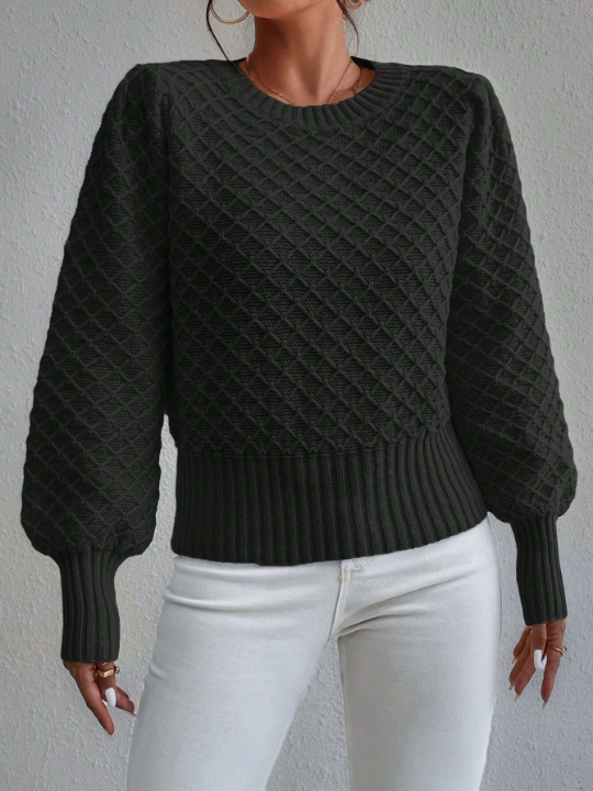 Frenchy Argyle Knit Lantern Sleeve Sweater