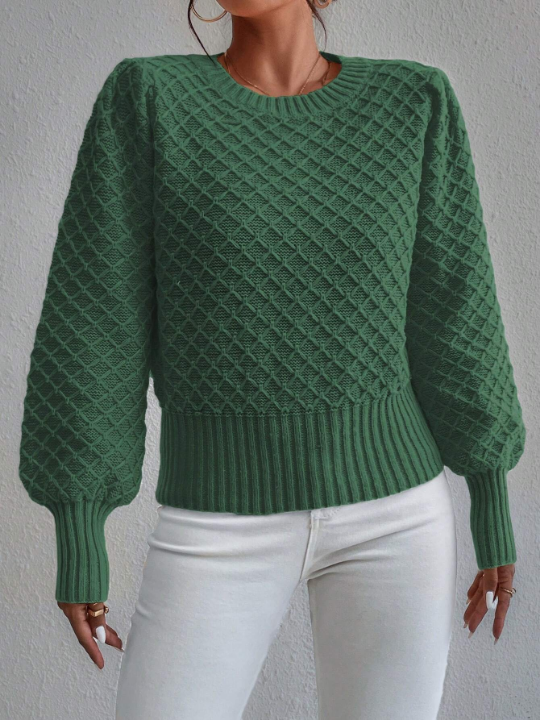 Frenchy Argyle Knit Lantern Sleeve Sweater