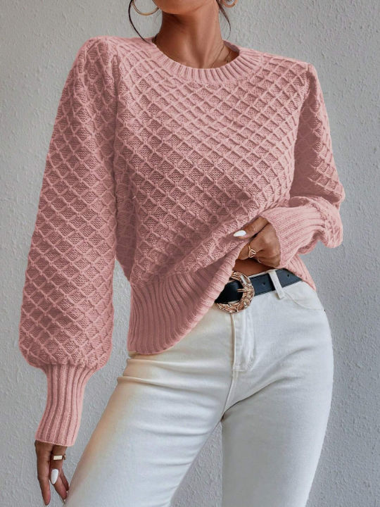 Frenchy Argyle Knit Lantern Sleeve Sweater