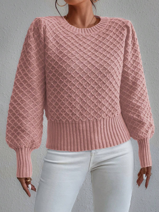 Frenchy Argyle Knit Lantern Sleeve Sweater