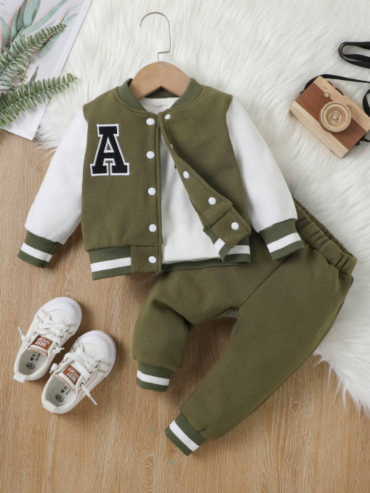 Baby Boy Letter Patched Striped Trim Varsity Jacket & Sweatpants Without Tee