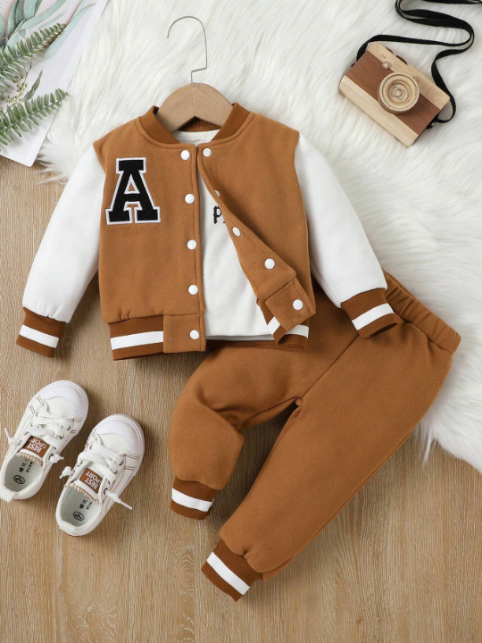 Baby Boy Letter Patched Striped Trim Varsity Jacket & Sweatpants