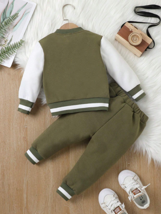 Baby Boy Letter Patched Striped Trim Varsity Jacket & Sweatpants Without Tee