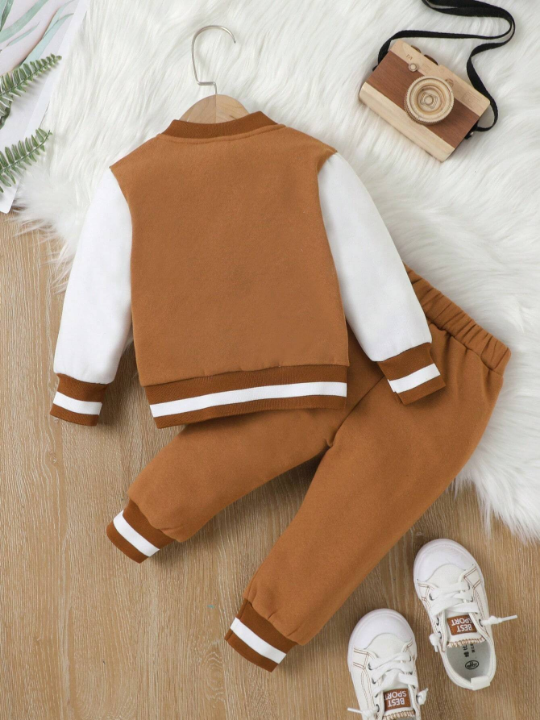 Baby Boy Letter Patched Striped Trim Varsity Jacket & Sweatpants