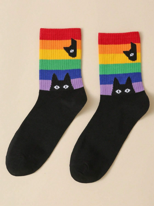 Cherbear Studio Rainbow Striped Black Cat Pattern Mid-calf Socks