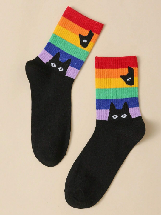 Cherbear Studio Rainbow Striped Black Cat Pattern Mid-calf Socks