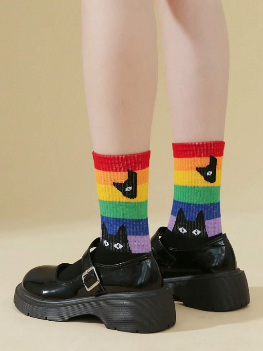 Cherbear Studio Rainbow Striped Black Cat Pattern Mid-calf Socks