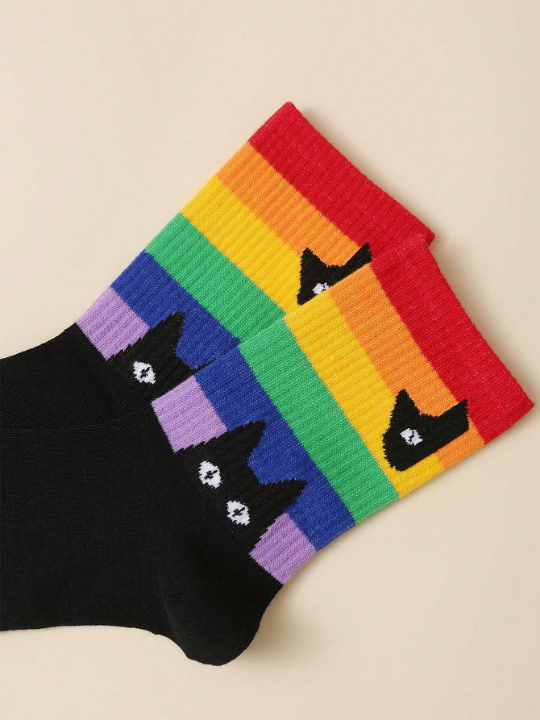 Cherbear Studio Rainbow Striped Black Cat Pattern Mid-calf Socks