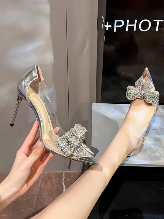 Women's Butterfly & Flower Rhinestone Decor Stiletto High Heel Pointed Toe Single Shoe, Fashionable Silver