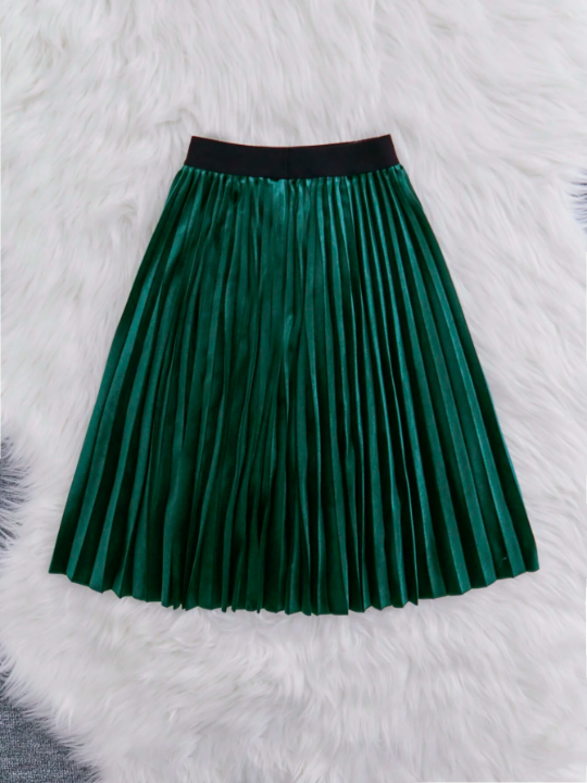 Tween Girl Solid Velvet Pleated Skirt