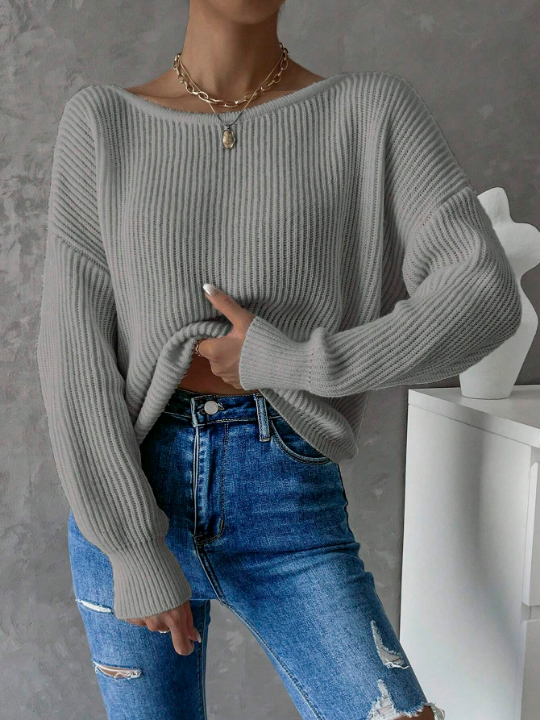 Frenchy Twist Back Batwing Sleeve Ribbed Knit Sweater