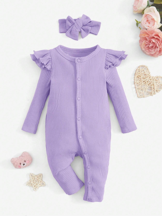 Newborn Baby Girl Ruffle Trim Button Front Ribbed Knit Sleep Jumpsuit & Headband