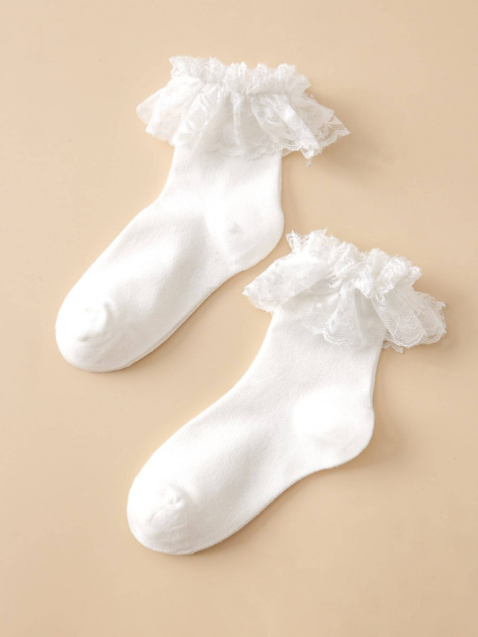 2pairs/set Women's Lace Trim Mid-calf Socks