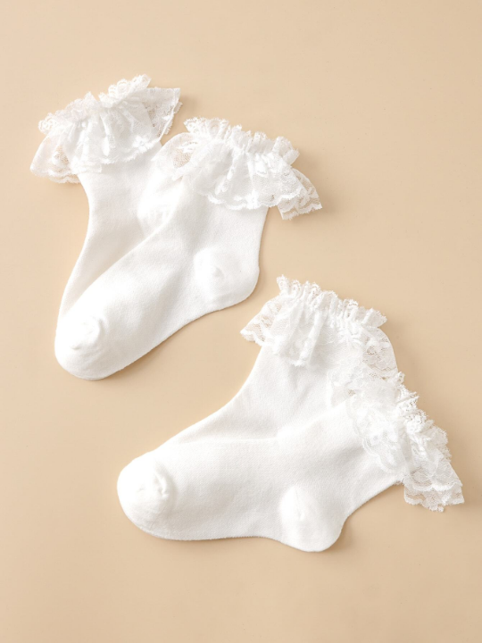 2pairs/set Women's Lace Trim Mid-calf Socks