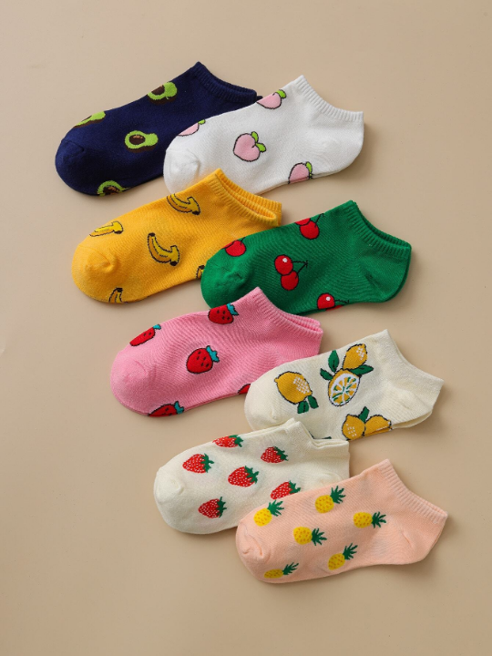 8 Pairs/set Women's Fruit Patterned Casual Short Socks