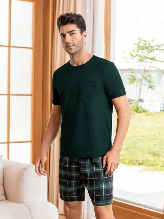 Men Plaid Print PJ Set