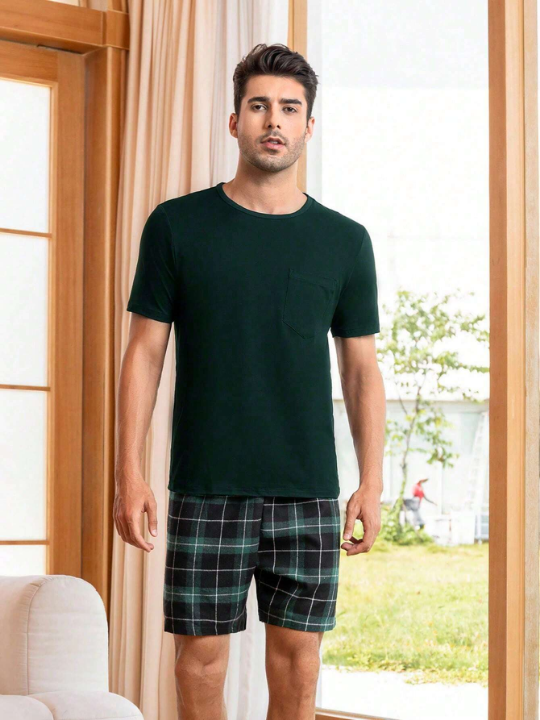 Men Plaid Print PJ Set