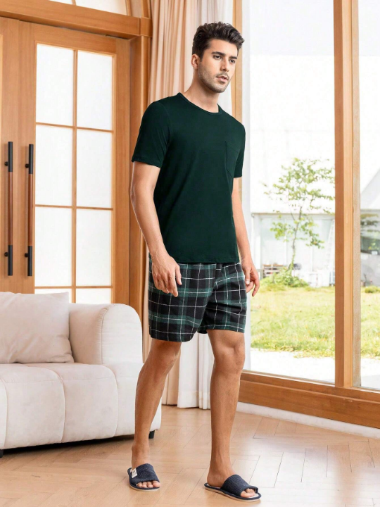 Men Plaid Print PJ Set