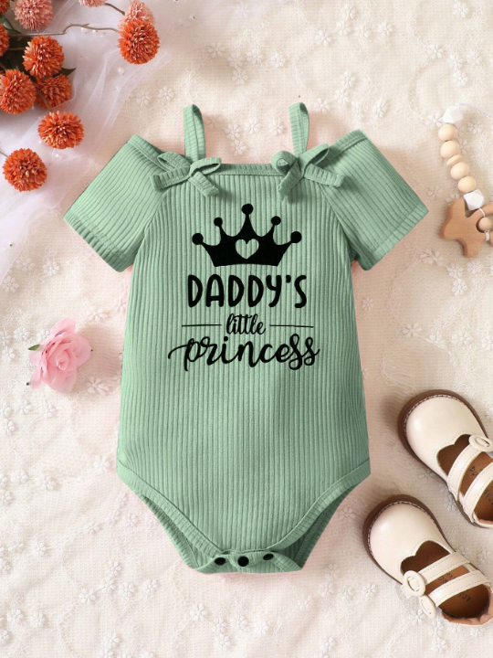 Baby Girl Crown & Slogan Graphic Cold Shoulder Bodysuit