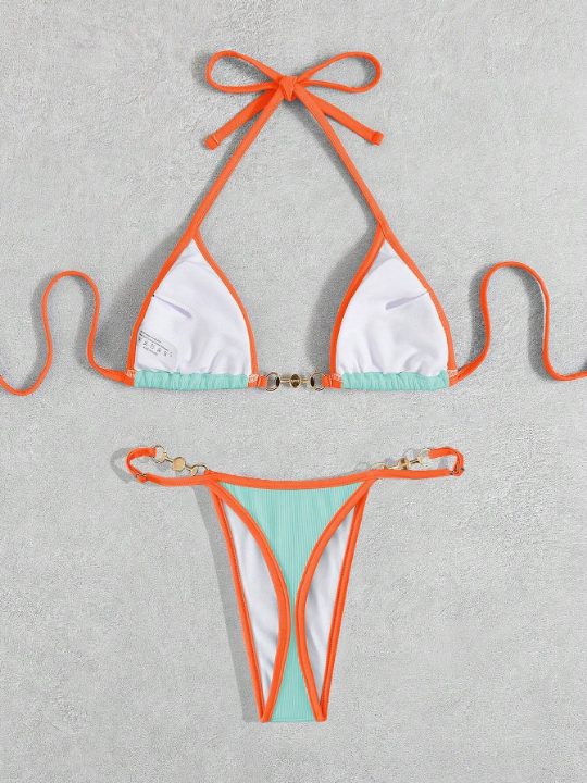 Swim Vcay Contrast Binding Halter Triangle Bikini Swimsuit