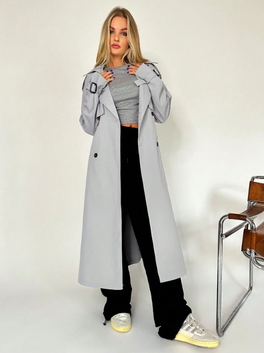 EZwear Lapel Neck Raglan Sleeve Belted Trench Coat