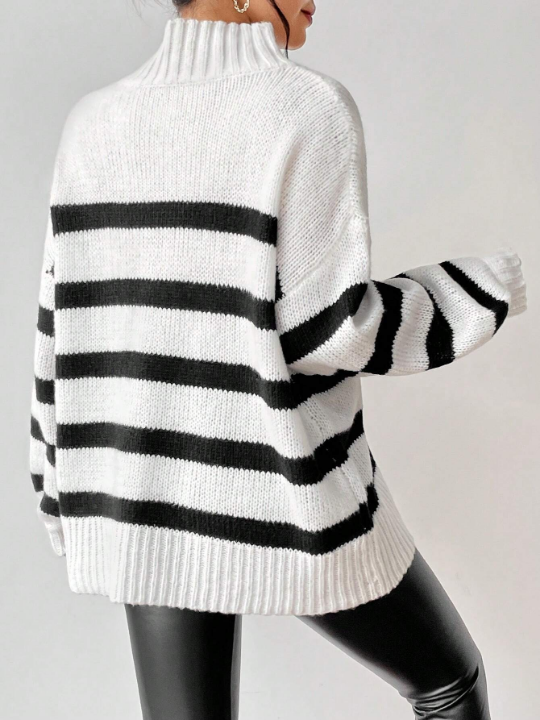 Essnce Striped Pattern Mock Neck Drop Shoulder Sweater