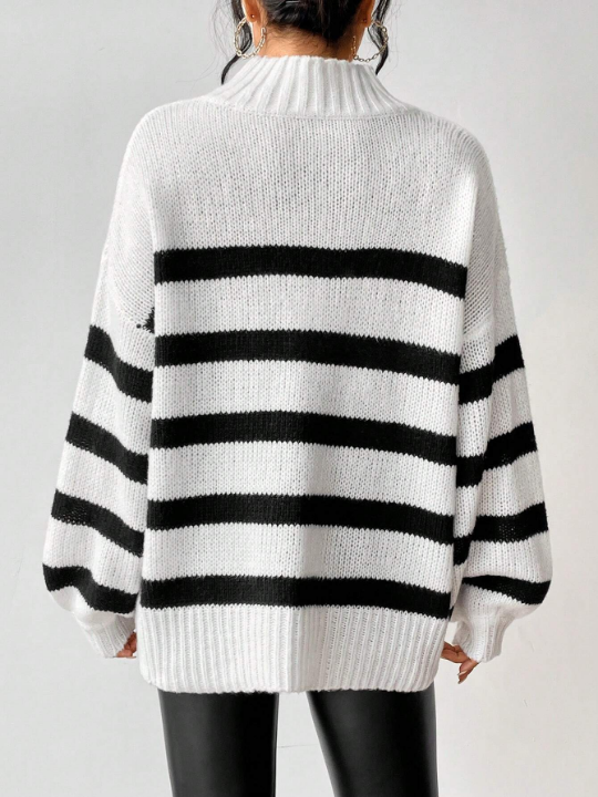 Essnce Striped Pattern Mock Neck Drop Shoulder Sweater