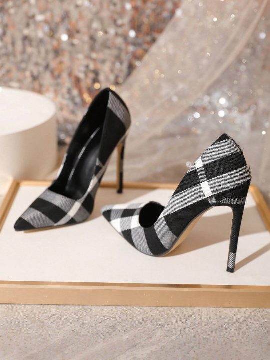 Sexy Plaid Pointed Toe Thin High-heeled Pumps