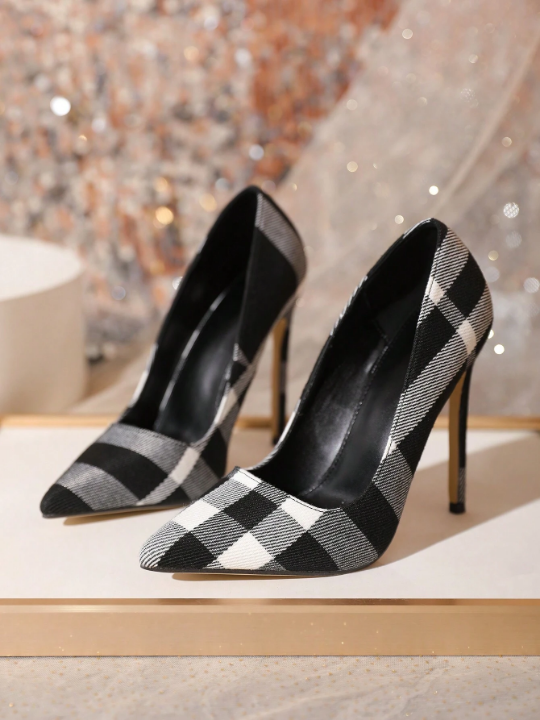 Sexy Plaid Pointed Toe Thin High-heeled Pumps