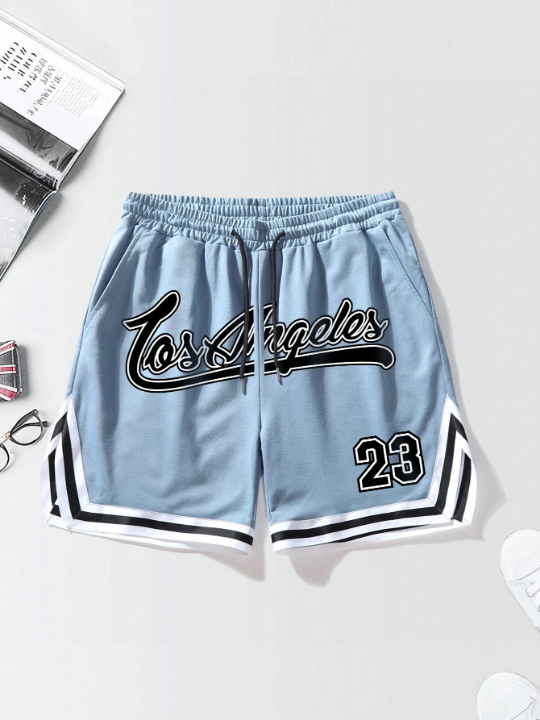 Manfinity Sporsity Manfinity Men's Loose Fit Shorts With Letter Print And Contrast Trims Design, Featuring A Drawstring Waist Basketball Shorts