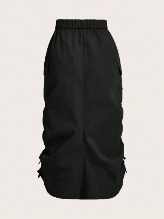 Teen Girls' Solid Color Side Drawstring Pleated Workwear Skirt