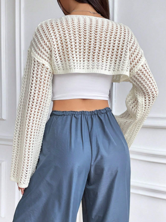 1pc Open Knit Drop Shoulder Crop Sweater