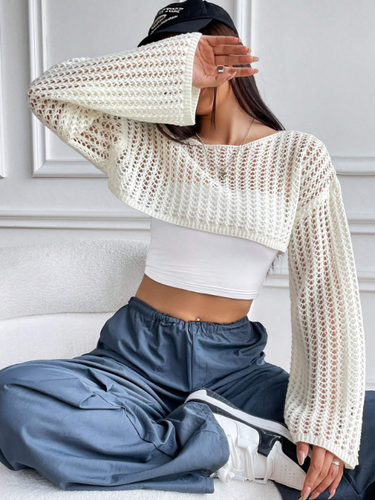 1pc Open Knit Drop Shoulder Crop Sweater