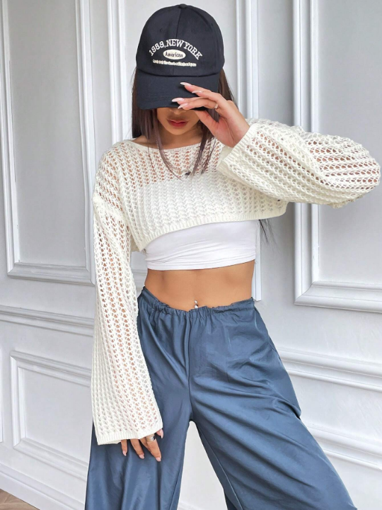 1pc Open Knit Drop Shoulder Crop Sweater