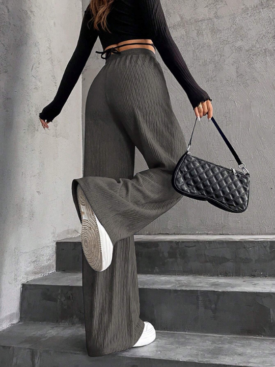 Solid Elastic Waist Wide Leg Pants