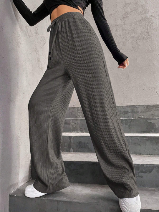 Solid Elastic Waist Wide Leg Pants