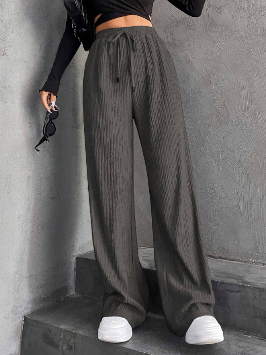 Solid Elastic Waist Wide Leg Pants