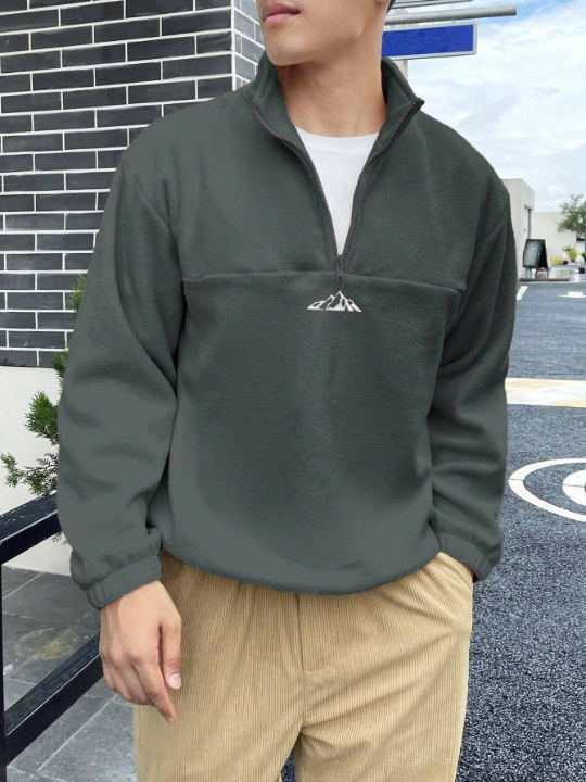 Manfinity Homme Men Mountain Embroidery Quarter Zipper Drop Shoulder Fleece Sweatshirt Without Tee