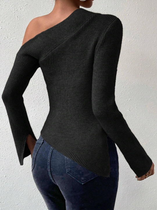 Priv Asymmetrical Neck Split Cuff Asymmetrical Hem Sweater