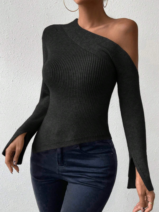 Priv Asymmetrical Neck Split Cuff Asymmetrical Hem Sweater