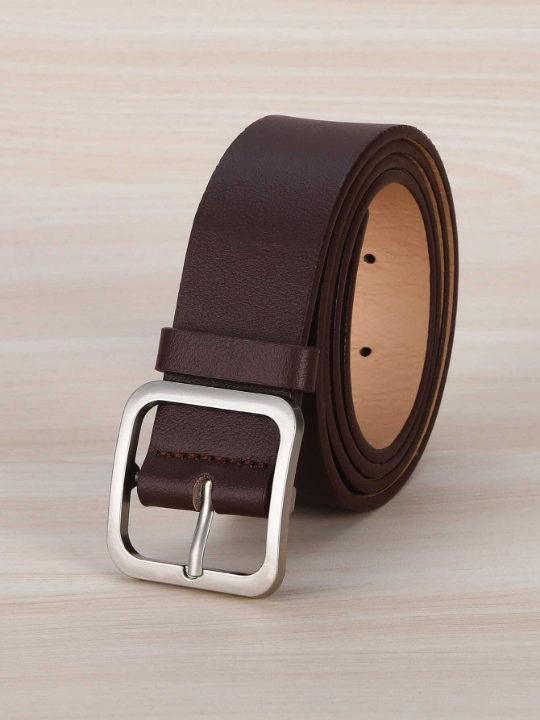 1pc Lady's Coffee-colored Square Buckle Pu Fashionable Belt Suitable For Daily Wear