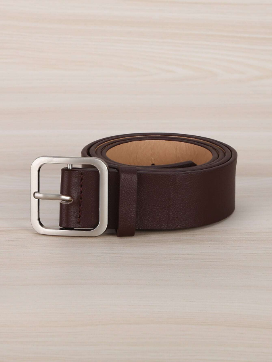 1pc Lady's Coffee-colored Square Buckle Pu Fashionable Belt Suitable For Daily Wear