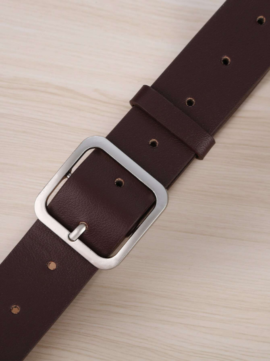 1pc Lady's Coffee-colored Square Buckle Pu Fashionable Belt Suitable For Daily Wear