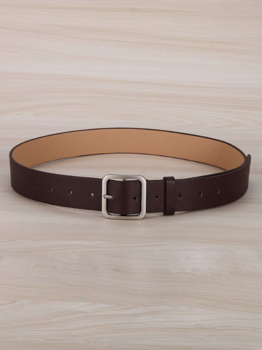 1pc Lady's Coffee-colored Square Buckle Pu Fashionable Belt Suitable For Daily Wear